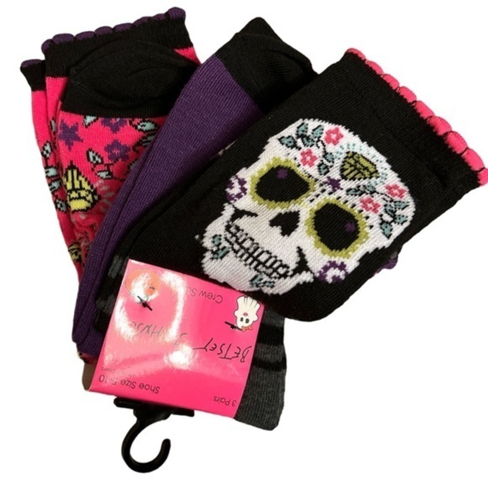 Betsey Johnson 3 pr crew socks sugar skull shoe  size 5-10 NWT